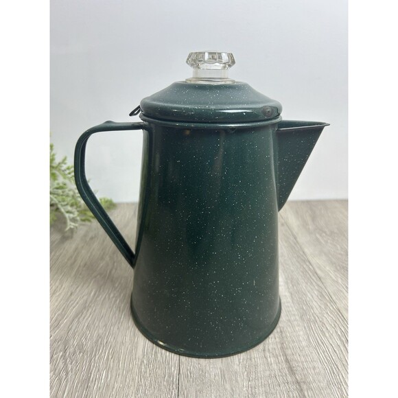 Vintage Coffee Pot Percolator, Camping Pot Enameled Green With White Speckles - Picture 3 of 13